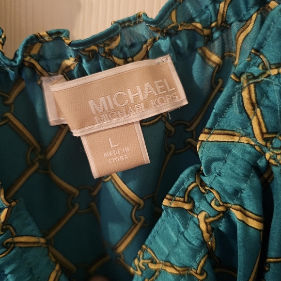 Michael Kors Long Sleeve Teal & Gold Chain Link Blouse Size L - Picture 2 of 5